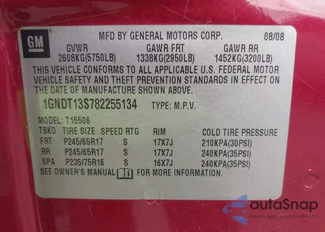 2008 Chevrolet Trailblazer Ls/Lt from USA, damaged, VIN 1GNDT13S782255134